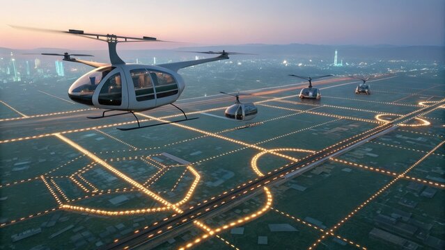 Hovering Drone Taxis Over Urban Landscape at Dusk - Powered by Adobe
