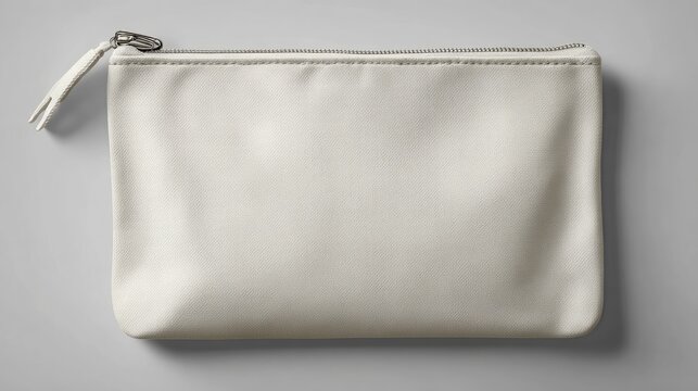An offwhite pouch lies flat detailed with a silver zipper and tag casting a shadow on a light gray surface