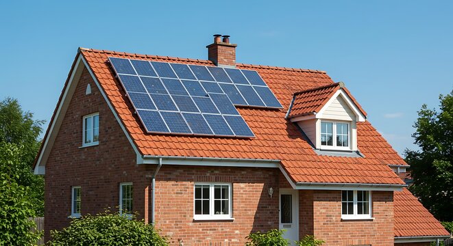Solar panel installation on brick house roof for renewable energy and sustainable living residential building