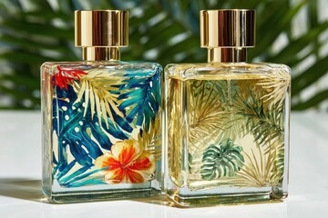 Two rectangular perfume bottles, gold caps, tropical print