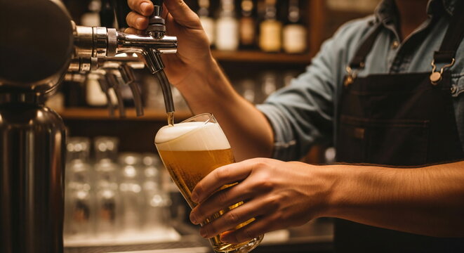 Caucasian male bartender pouring draft beer into a glass. Alcoholic beverage for drink menu and pub advertisement, bar concept.