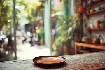 Wooden plate on rustic cafe table, street view