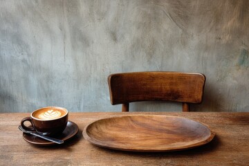 Latte art coffee cup and wooden tray on a rustic table