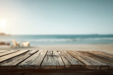 Rustic wooden table on a beach scene
