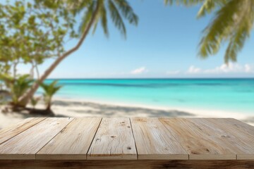 Empty light brown wooden planks on a beach.  Blurred tropical beach scene beyond