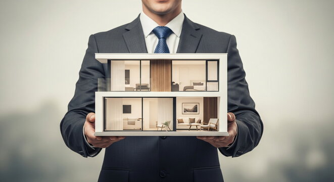 Man, real estate agent, holding small house model. Concept of property ownership, home buying, and architecture design.