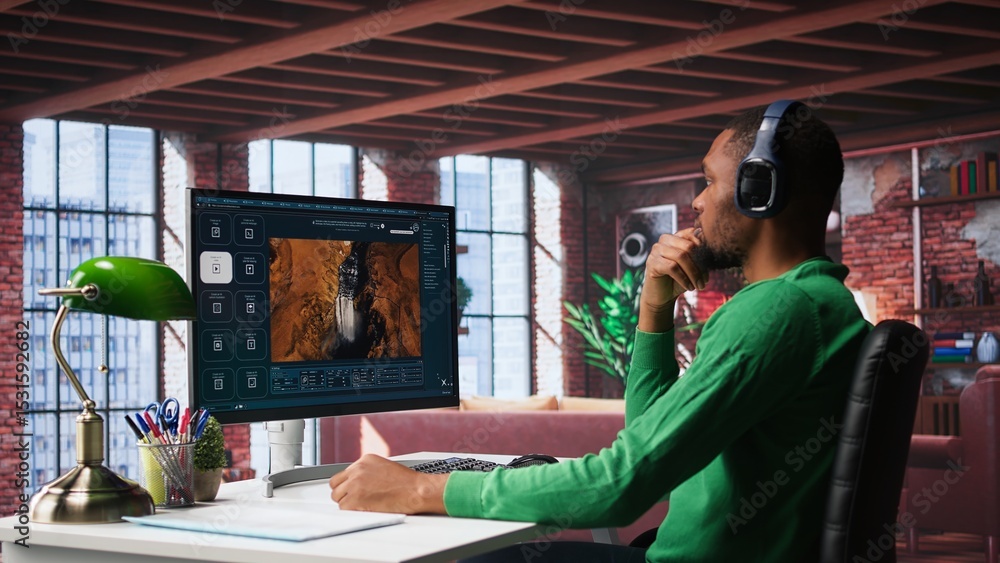 Poster african american guy exploring generative ai art and deep learning visuals on a monitor. uses predic