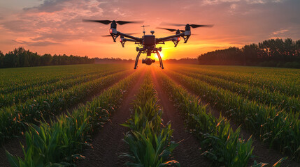 An agricultural drone hovers above cornfields at twilight, spraying fertilizer in a smart farming operation