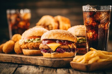Gourmet burgers, fries, and soda on a rustic wooden surface