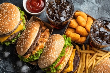 Assorted burgers, fries, onion rings, and soda