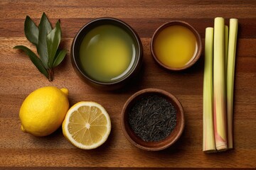 Herbal tea ingredients arranged on wood