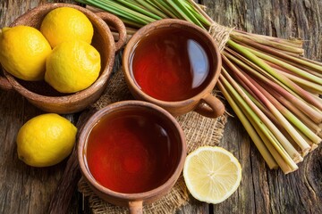 Two cups of herbal tea, lemongrass and lemon