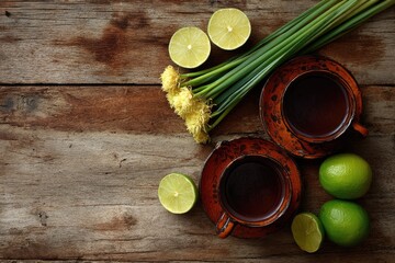 Two rustic mugs of dark beverage, accompanied by limes and yellow flowers, on a weathered wooden surface