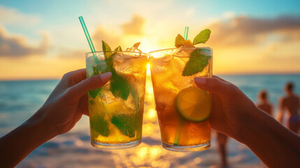 Friends raise mojito glasses at a beach bar, toasting in celebration with the sand beneath their feet