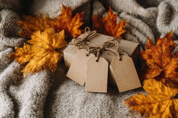Autumnal gift box with tags and leaves