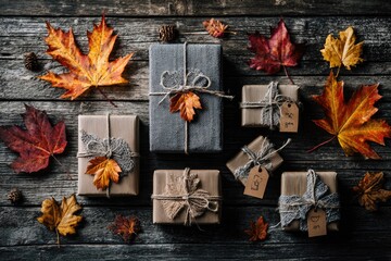 Autumn-themed gifts on rustic wood