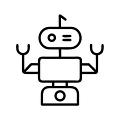 Line art robot character with raised arms on a white background  