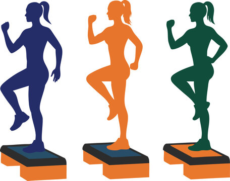 Women exercising on aerobic steps in navy blue orange and green silhouettes vector illustration 