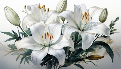 delicate white lilies blooming on white background