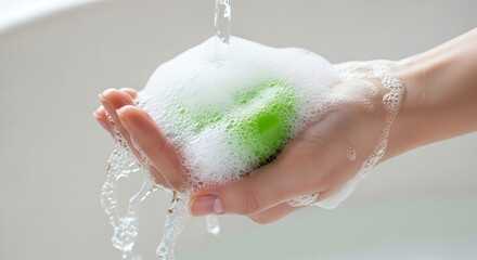 Fototapeta premium Woman holding green soap bar with foam and water under running tap. Hand washing for hygiene and personal care.