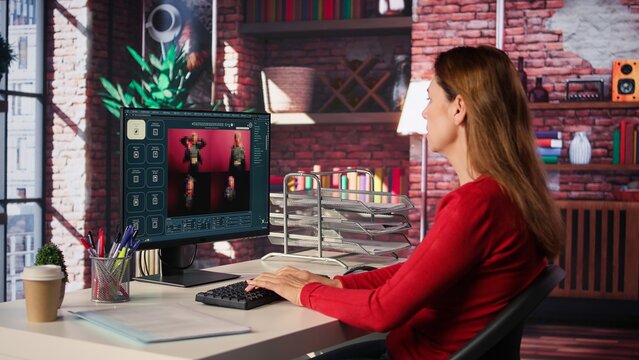 Photographer using AI program turning text prompt into photos, retouching technique. Graphic designer text to image artificial intelligence generator transforming words into pictures. Camera B.