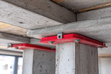Close-up of concrete support beams with red pads