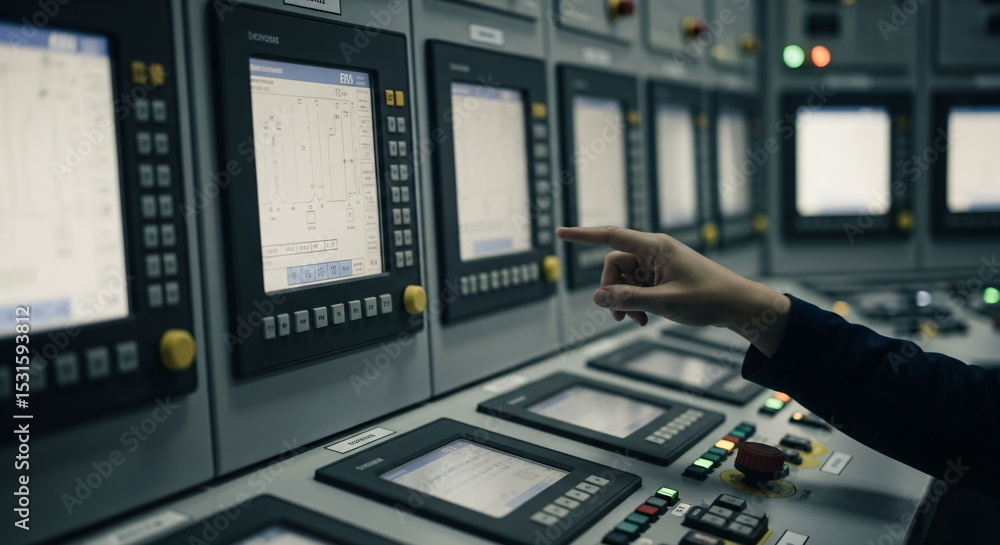 Poster a man’s hand pointing at industrial control panel screen with data, showing technology, engineering,
