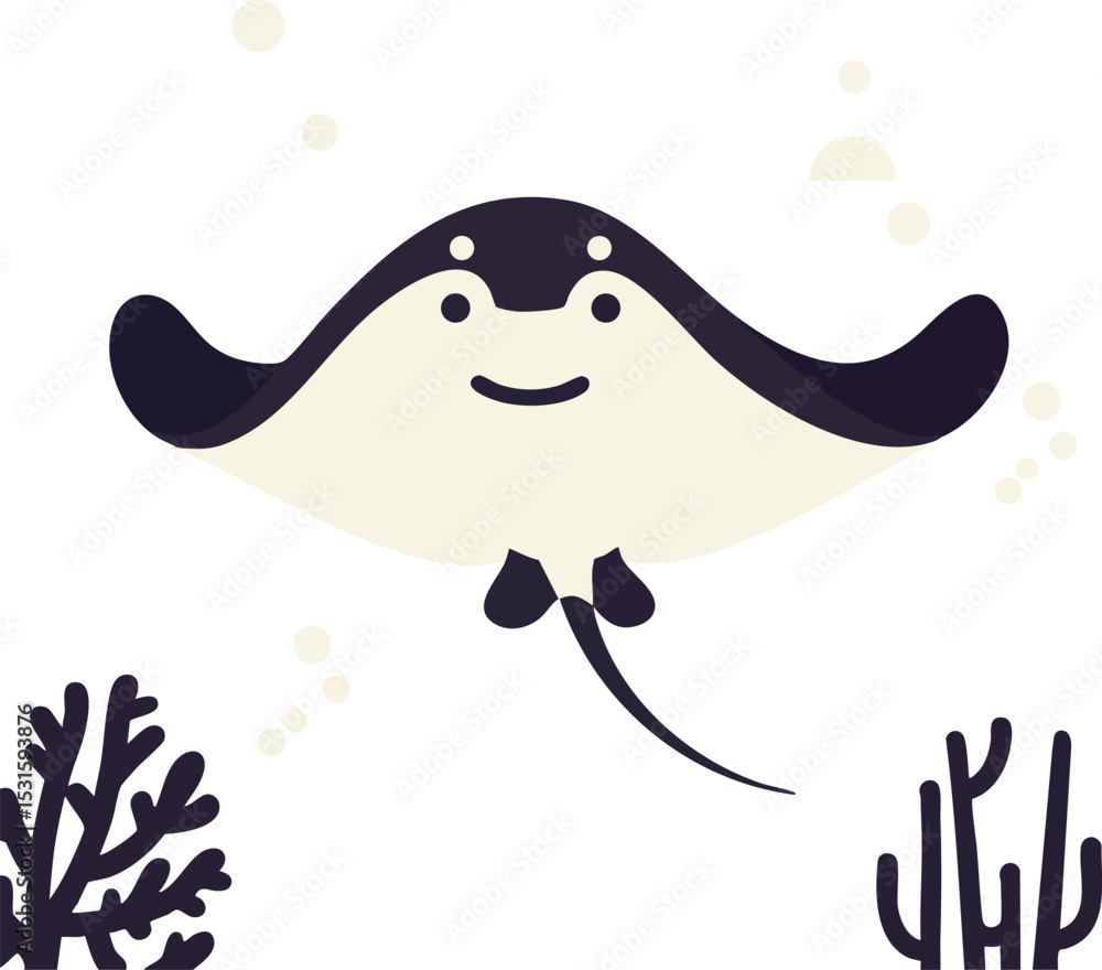 Poster smiling stingray underwater with coral reef and bubbles vector illustration in simple style