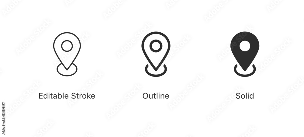 Poster location pin icon in editable stroke, outline, and filled styles. for navigation, maps and geolocation designs in apps, websites and user interfaces
