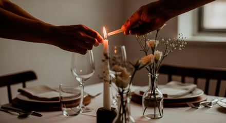 Naklejka premium Lighting a Candle on a Romantic Dinner Table Setting