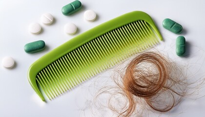green comb pills and hair strands on a white background baldness and hair loss issues
