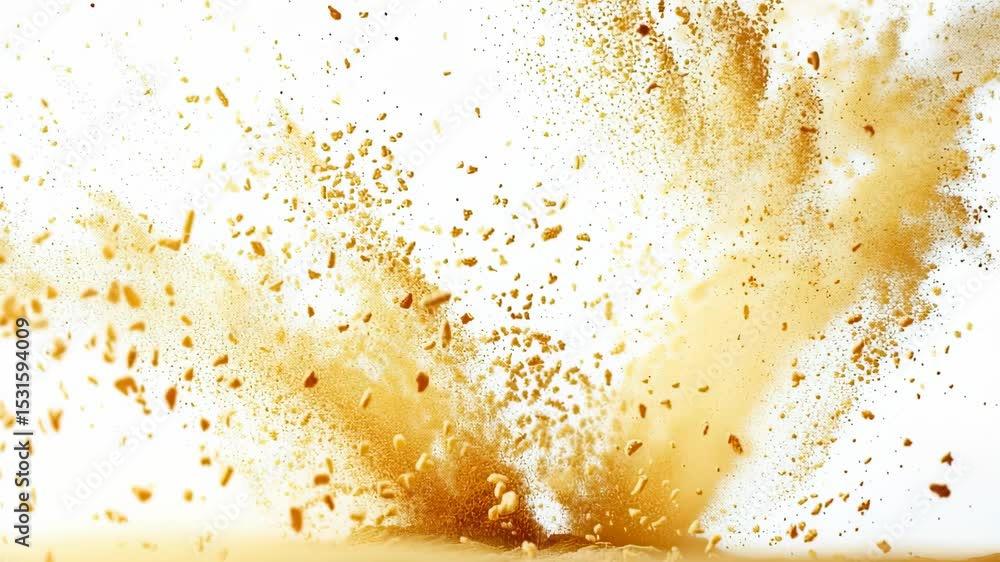 Poster dramatic sand explosion against a bright white background, creating a dynamic and abstract visual ef