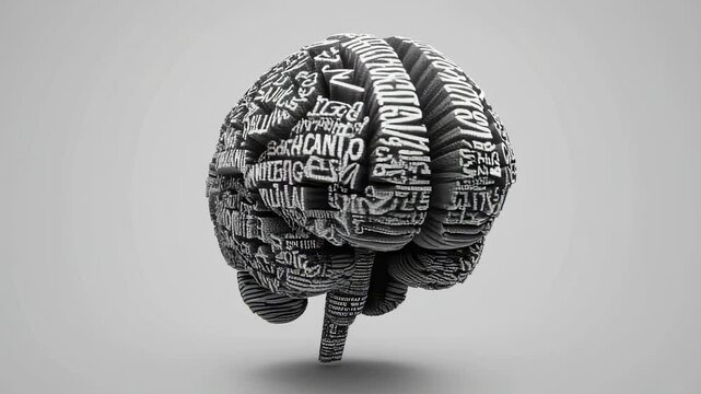 Stylized 3D render of a brain covered in words on a neutral background