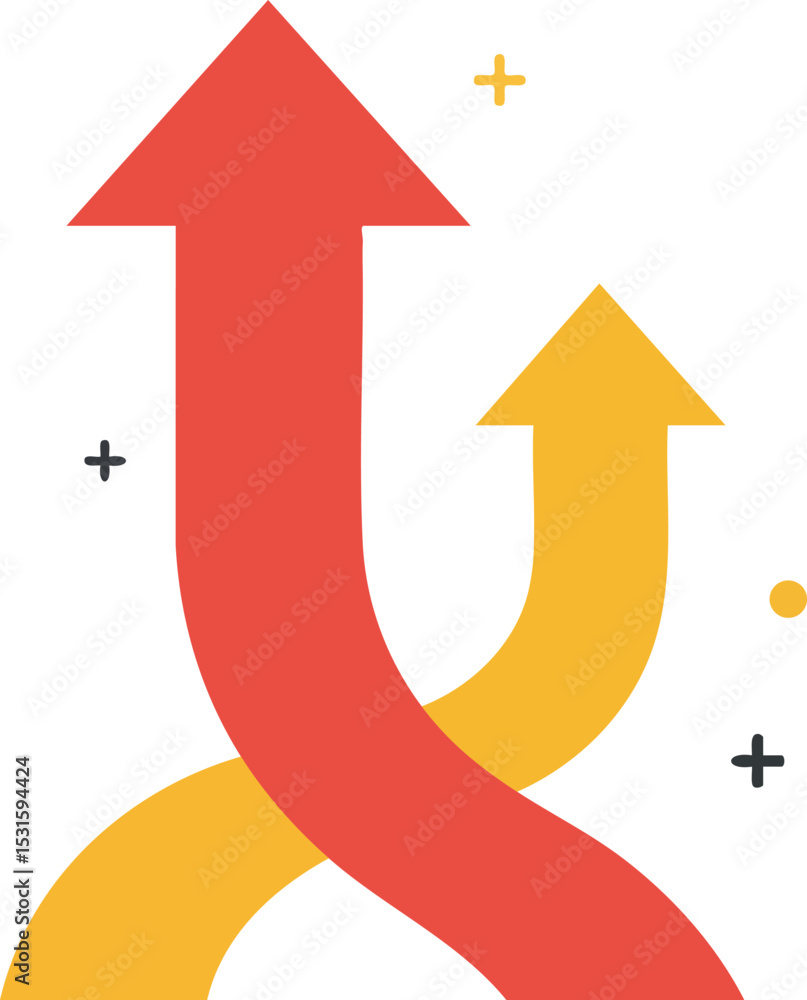 Poster two arrows crossing and pointing upwards symbolizing growth and direction in red and yellow colors v