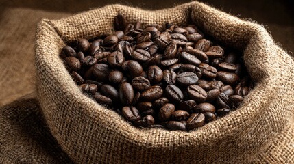 Coffee beans fill a burlap sack dark roasted and piled high showcased against a muted brown background