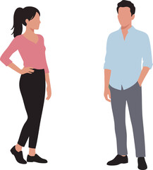 Young casual woman and man standing facing each other in relaxed poses vector illustration 