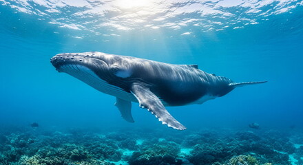 Fototapeta premium A large humpback whale swimming gracefully underwater near the coral reef. Marine life illustration for nature education posters.