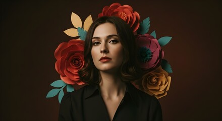 Retro 1970s-Inspired Woman Portrait with Abstract Layered Paper Flowers and Soft Natural Light

