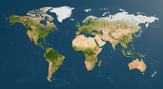 World map formed by natural textures like forest, ocean, desert, and ice for each continent, viewed from above, symbolic of Earth's diversity, eco-friendly visual concept, high-resolution