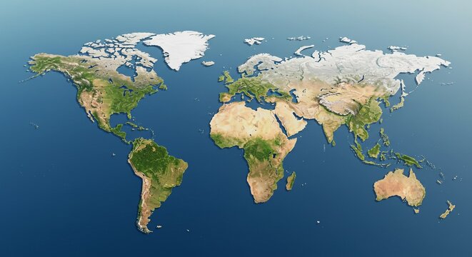 World map formed by natural textures like forest, ocean, desert, and ice for each continent, viewed from above, symbolic of Earth's diversity, eco-friendly visual concept, high-resolution