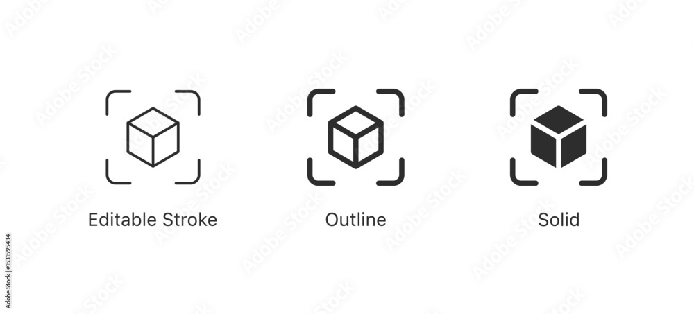 Poster cube icons, 3d sign in editable stroke, outline, and solid styles. for augmented reality or 3D concepts