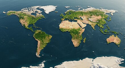 World map formed by natural textures like forest, ocean, desert, and ice for each continent, viewed from above, symbolic of Earth's diversity, eco-friendly visual concept, high-resolution