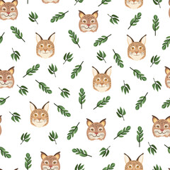 Obraz premium Lynx animal seamless pattern. Flat vector clipart, illustration with isolated background.
