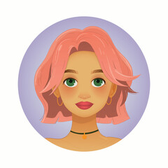 Stylish Girl Portrait – Pink Hair. Vector illustration. EPS