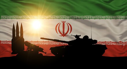 Iran military power tank and missile system with iranian flag background concept of defense and strength