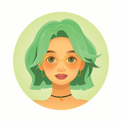 Stylish Girl Portrait – Green Hair and Glasses. Vector illustration. EPS