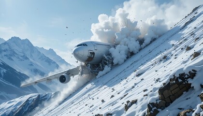 Obraz premium Passenger airplane crashing into snow-covered mountain slope with impact debris trail, ideal for winter aviation disaster and survival themes