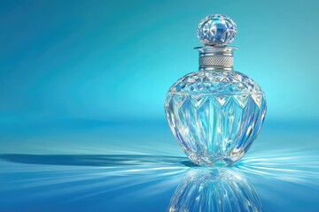 Crystal perfume bottle on teal background