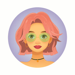 Stylish Girl Portrait – Pink Hair and Glasses. Vector illustration. EPS