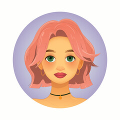 Stylish Girl Portrait – Pink Hair. Vector illustration. EPS